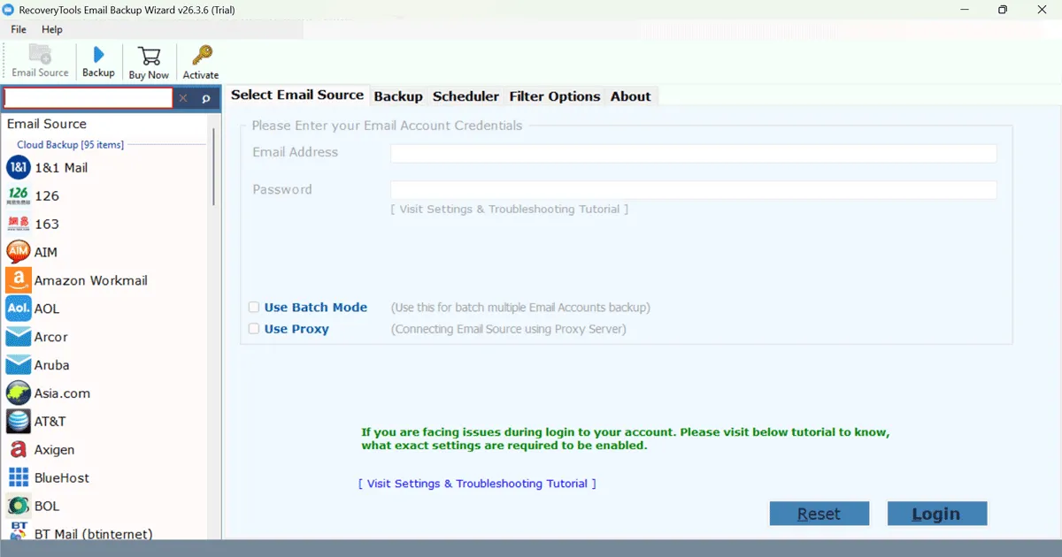Select Email Source and Login Screenshot