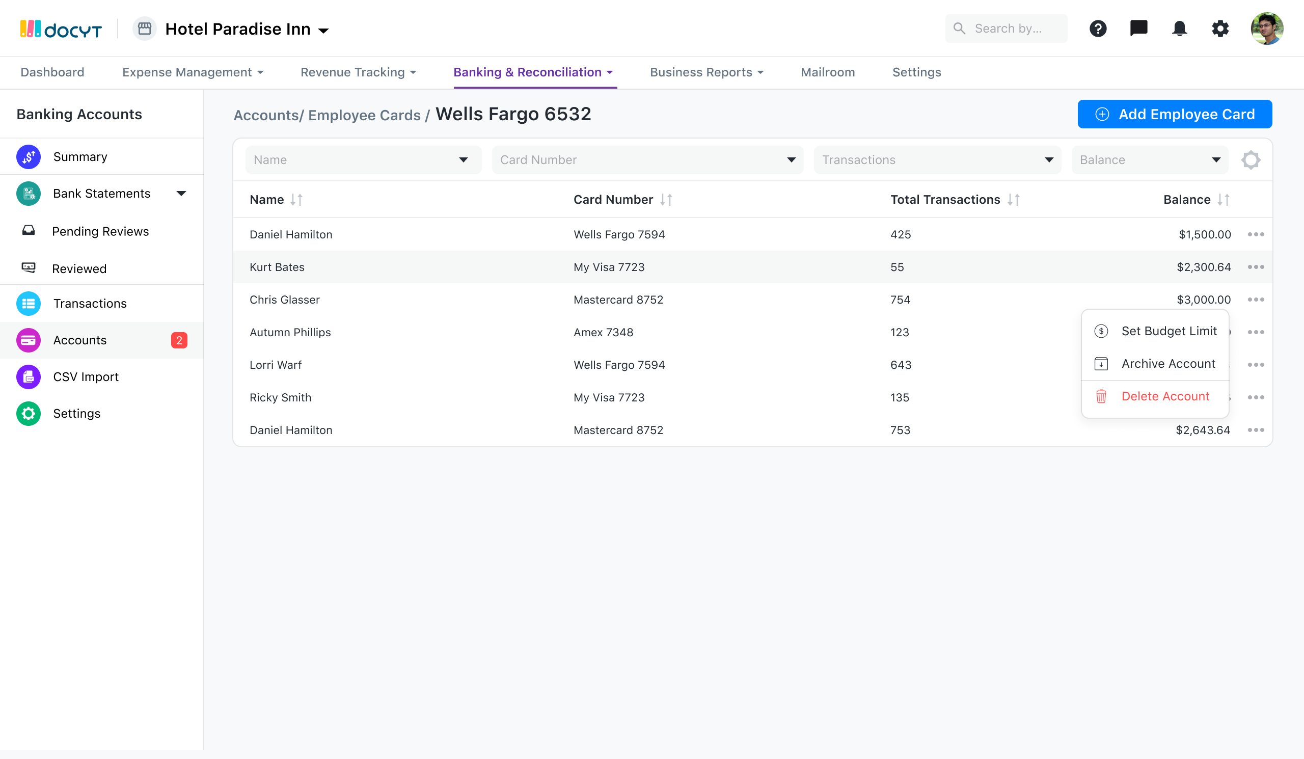 Banking accounts - Employee Credit Cards@2x Screenshot
