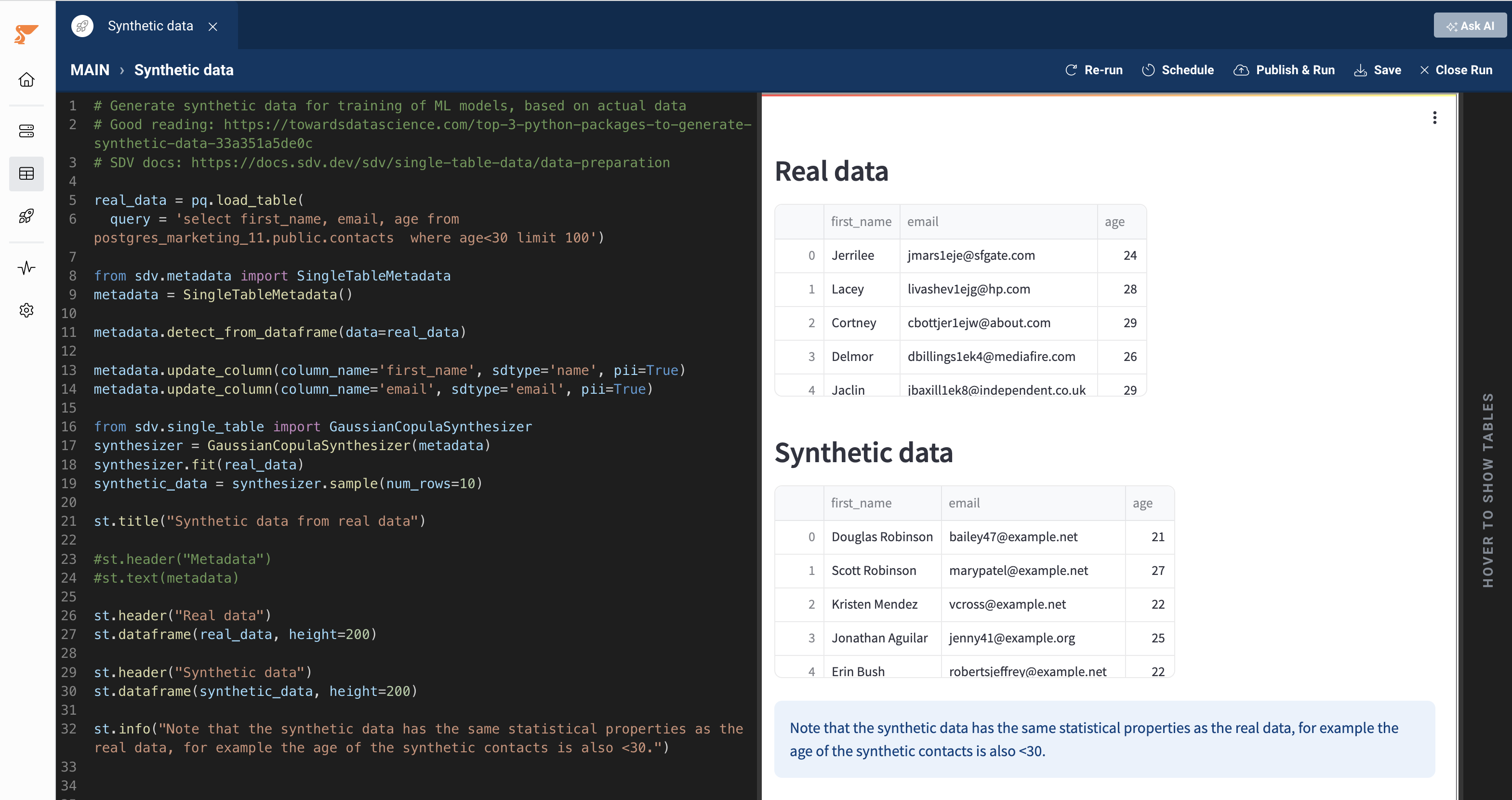synthetic data Screenshot