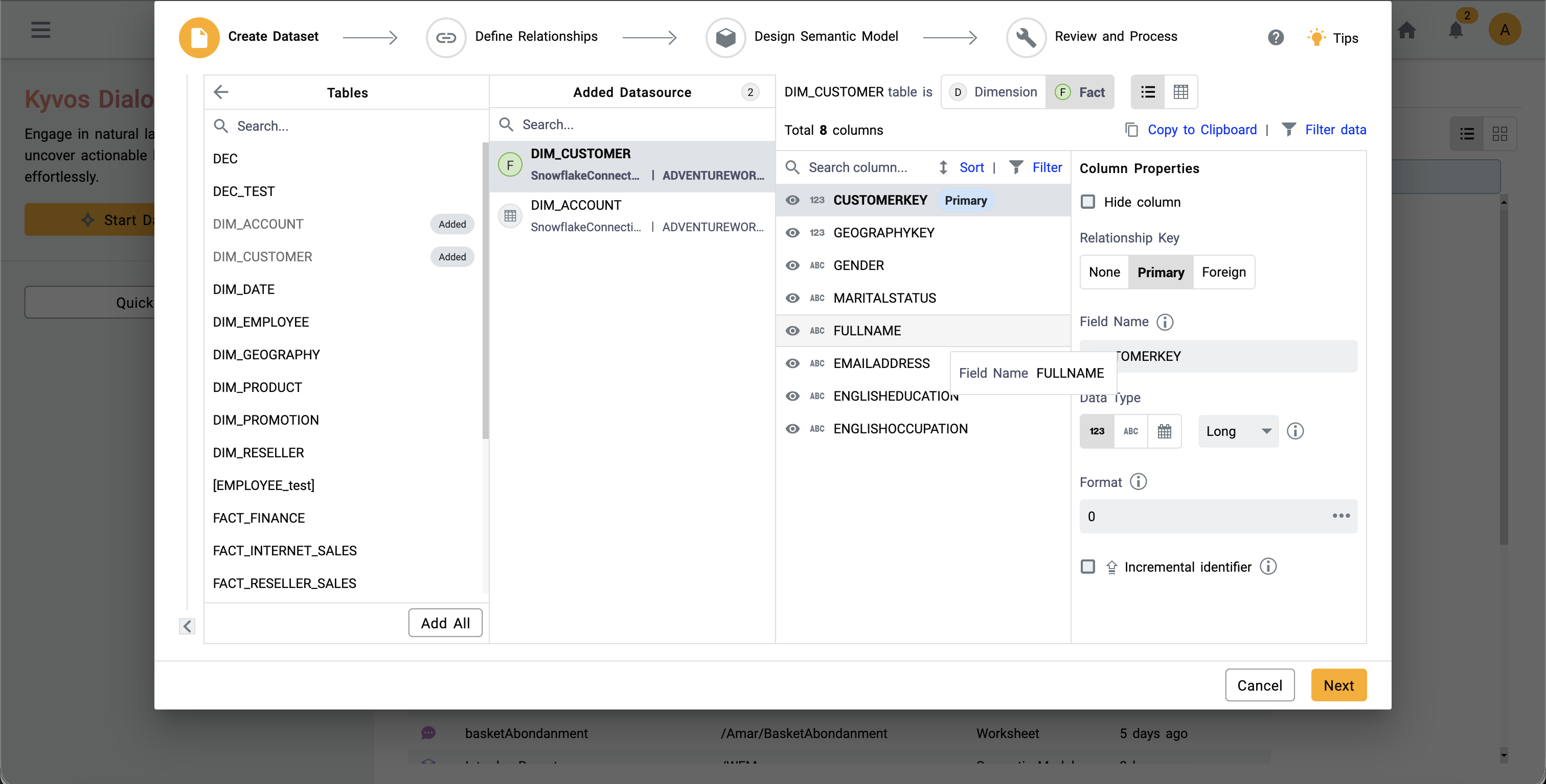 Kyvos Quick Data Modeling Screenshot