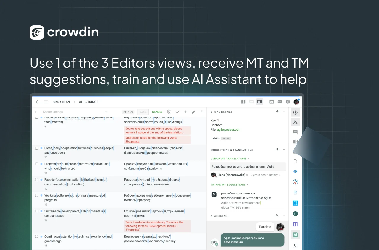 Crowdin Editor with MT, TM, and AI suggestions Screenshot