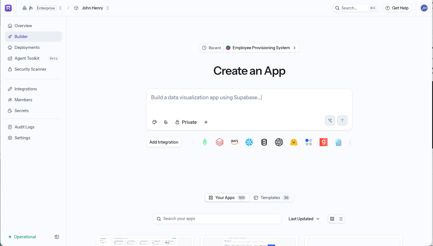 The Builder page with features on the sidebar Screenshot