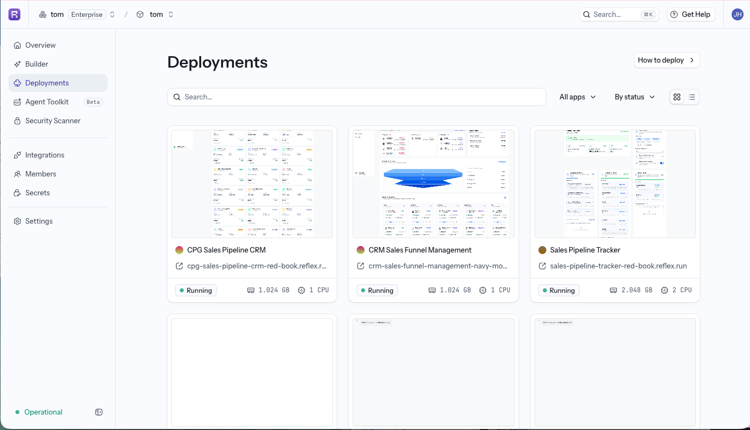 The deployment page: Apps deployed inside/outside of Reflex are managable Screenshot