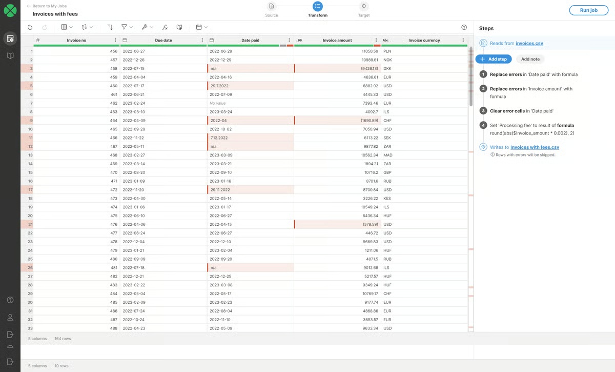 CloverDX platform - error handling - transform in an Excel-like environment without needing help from the IT Screenshot