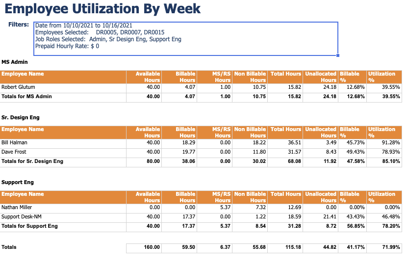 Employee Utilization Report Sample Screenshot