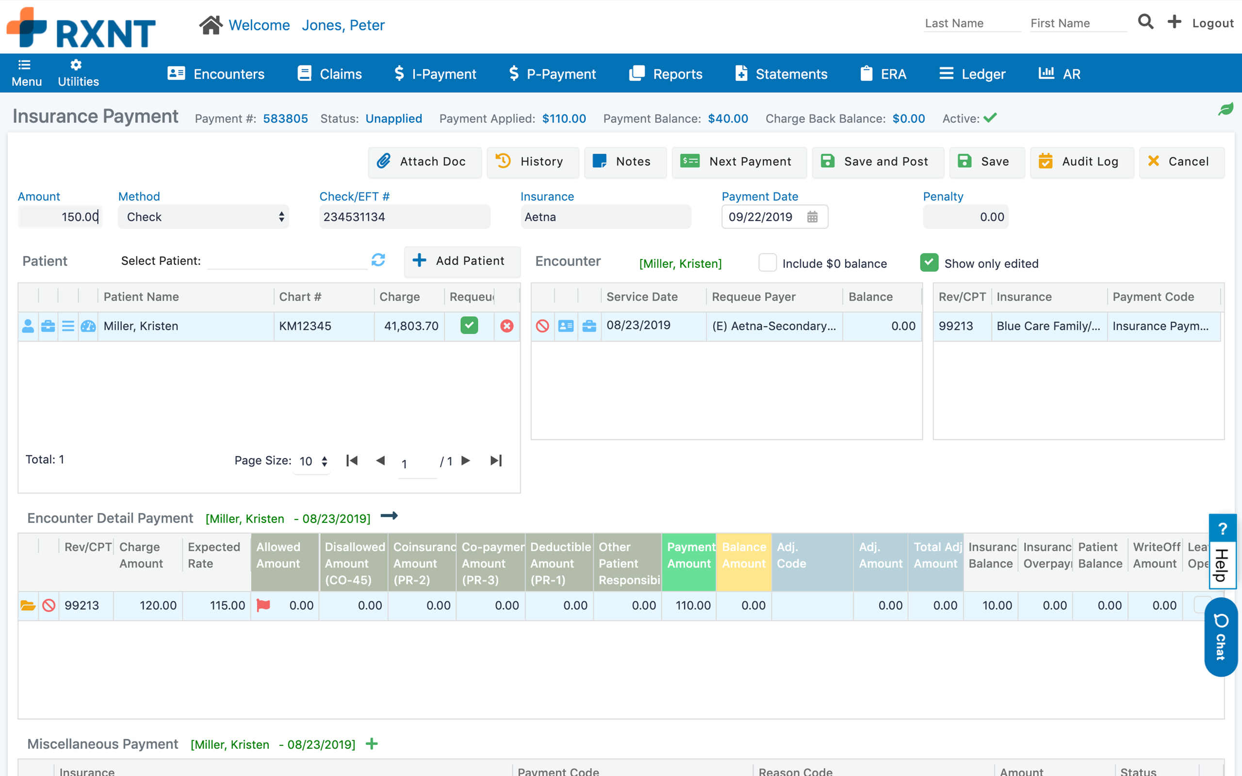 RXNT | PM Billing - Insurance Payment Screenshot
