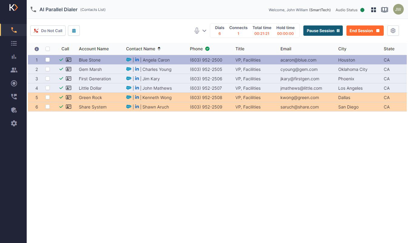Koncert AI Parallel Dialer My Session Screen Screenshot