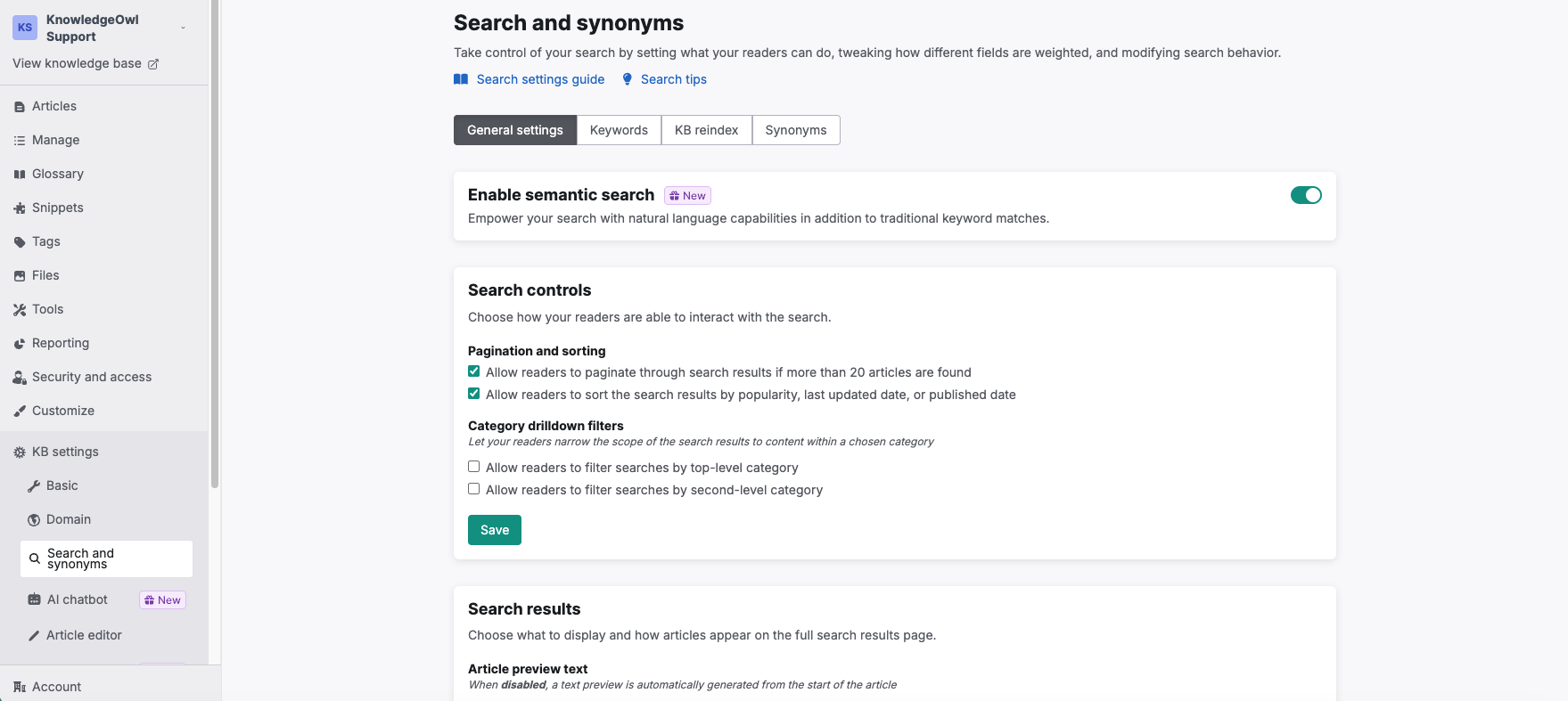 screenshot of search settings Screenshot