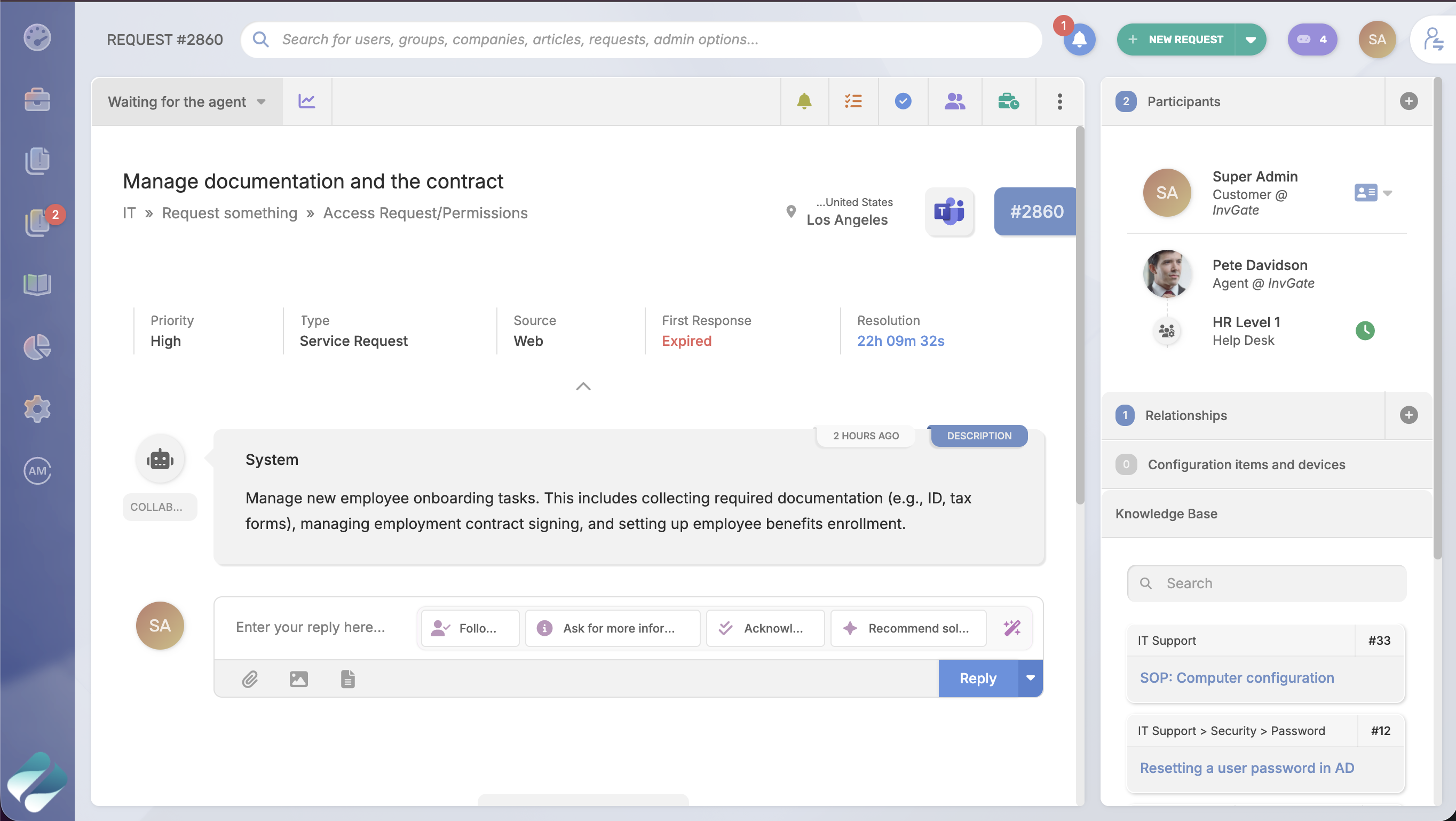Service Management Request Screenshot