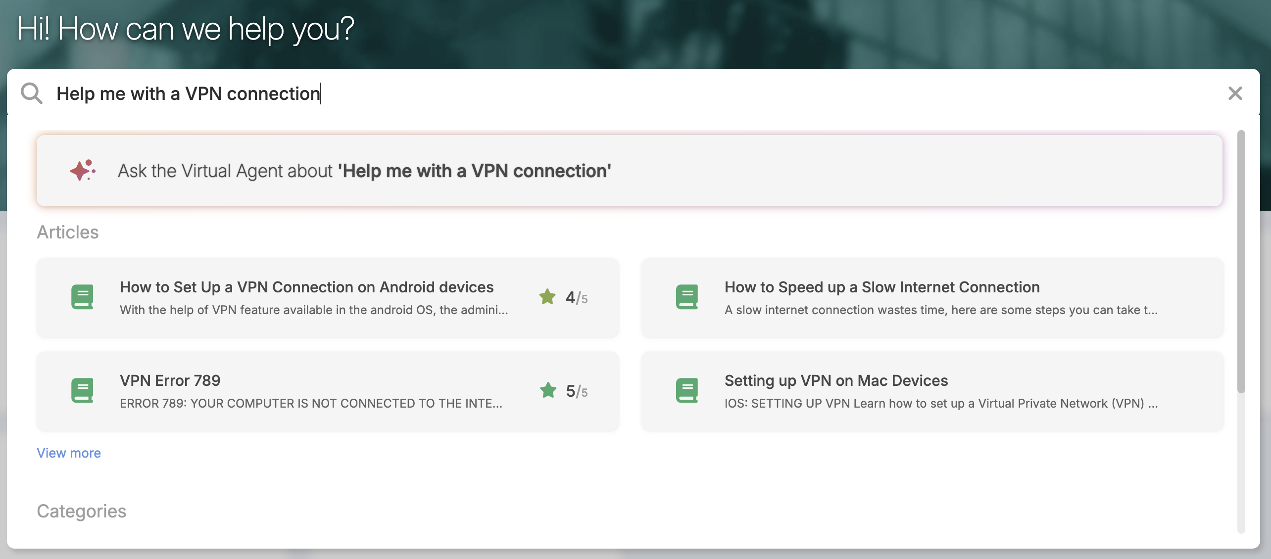 Virtual Service Agent Help & Knowledge Base Articles suggestions Screenshot