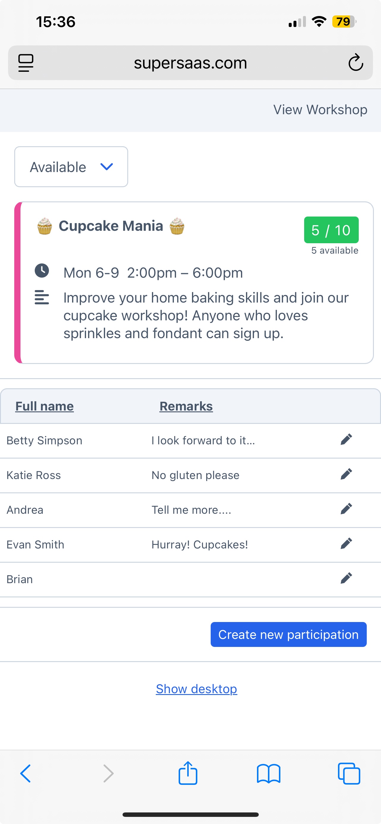 8. SuperSaaS event registration on a mobile device Screenshot