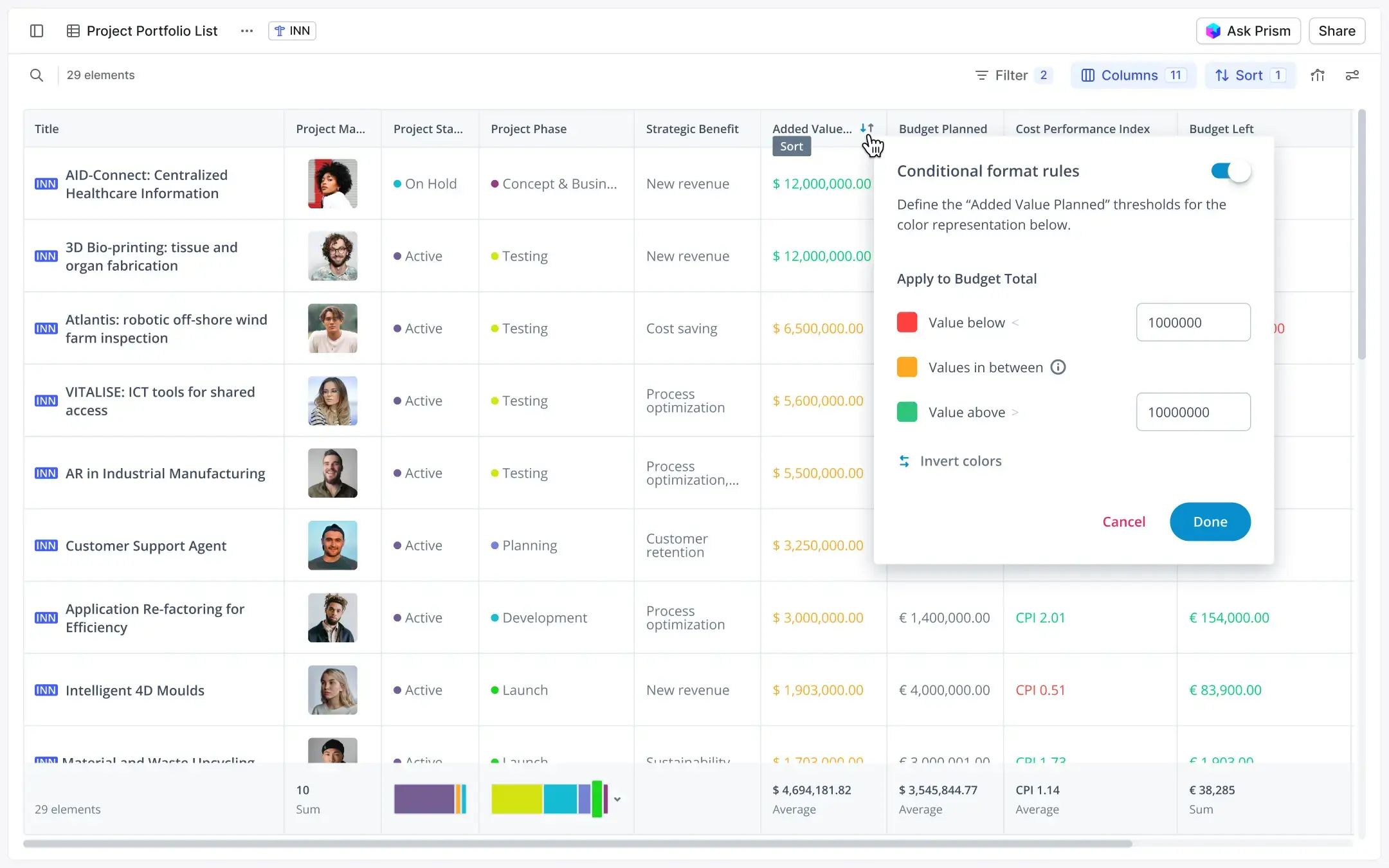 Project Portfolio List - ITONICS Innovation OS Screenshot